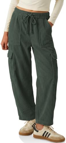 Womens Cargo Corduroy Pants Loose Baggy Fit Wide Leg Barrel Trousers