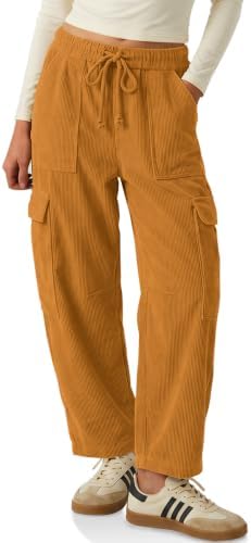 Womens Cargo Corduroy Pants Loose Baggy Fit Wide Leg Barrel Trousers
