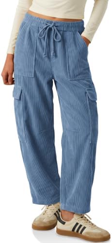 Womens Cargo Corduroy Pants Loose Baggy Fit Wide Leg Barrel Trousers