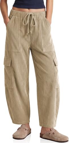 Womens Cargo Corduroy Pants Loose Baggy Fit Wide Leg Barrel Trousers