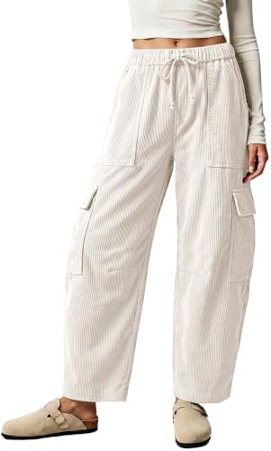 Womens Cargo Corduroy Pants Loose Baggy Fit Wide Leg Barrel Trousers