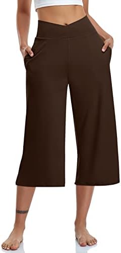 Womens Casual Wide Leg Yoga Capris Crossover High Waist Capri Pants