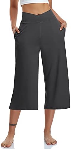 Womens Casual Wide Leg Yoga Capris Crossover High Waist Capri Pants