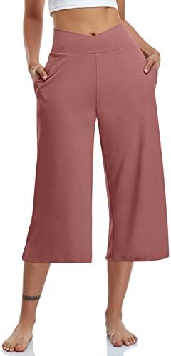 Womens Casual Wide Leg Yoga Capris Crossover High Waist Capri Pants