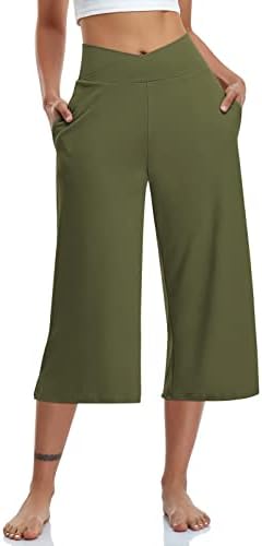 Womens Casual Wide Leg Yoga Capris Crossover High Waist Capri Pants