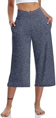 Womens Casual Wide Leg Yoga Capris Crossover High Waist Capri Pants