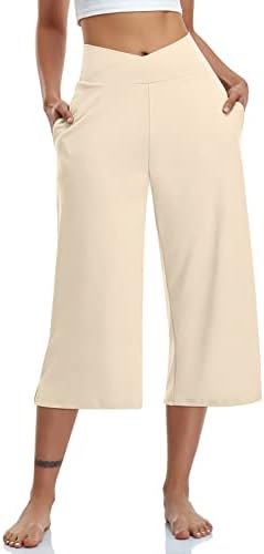 Womens Casual Wide Leg Yoga Capris Crossover High Waist Capri Pants