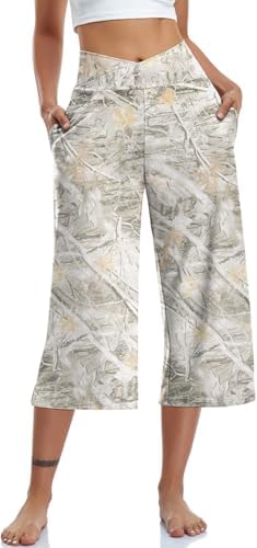 Womens Casual Wide Leg Yoga Capris Crossover High Waist Capri Pants