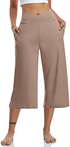 Womens Casual Wide Leg Yoga Capris Crossover High Waist Capri Pants