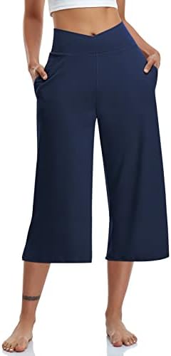 Womens Casual Wide Leg Yoga Capris Crossover High Waist Capri Pants