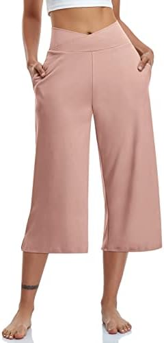 Womens Casual Wide Leg Yoga Capris Crossover High Waist Capri Pants