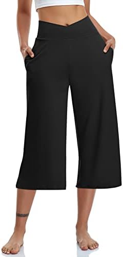 Womens Casual Wide Leg Yoga Capris Crossover High Waist Capri Pants