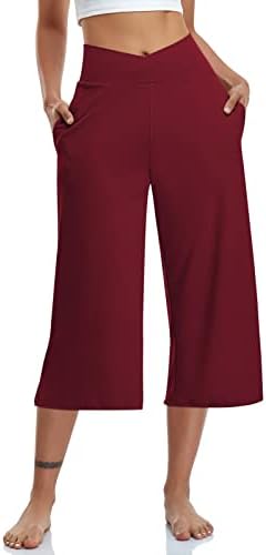 Womens Casual Wide Leg Yoga Capris Crossover High Waist Capri Pants