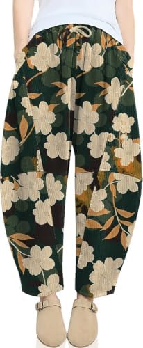 Womens Corduroy Baggy Harem Pants Green Floral