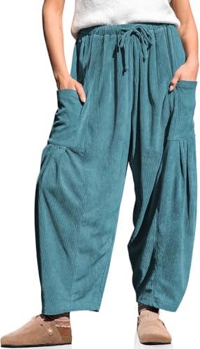 Women's Corduroy Barrel Pants Drawstring Wide Leg Pants with Pockets