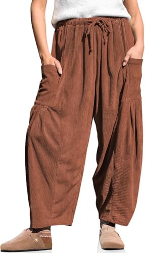 Women's Corduroy Barrel Pants Drawstring Wide Leg Pants with Pockets