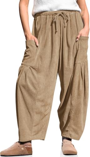 Women's Corduroy Barrel Pants Drawstring Wide Leg Pants with Pockets