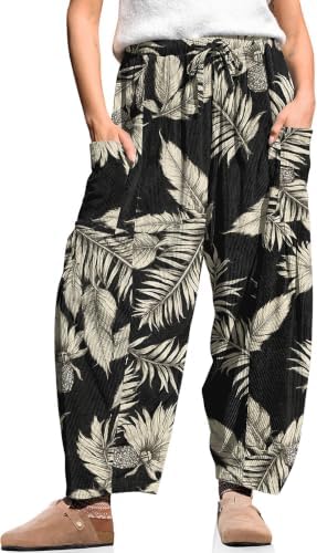 Women's Corduroy Barrel Pants Drawstring Wide Leg Pants with Pockets