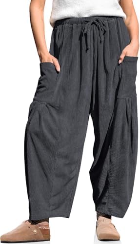 Women's Corduroy Barrel Pants Drawstring Wide Leg Pants with Pockets