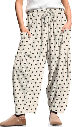 Women's Corduroy Barrel Pants Drawstring Wide Leg Pants with Pockets