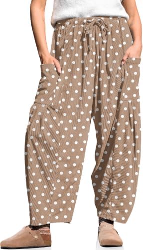 Women's Corduroy Barrel Pants Drawstring Wide Leg Pants with Pockets