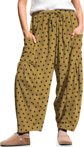 Women's Corduroy Barrel Pants Drawstring Wide Leg Pants with Pockets