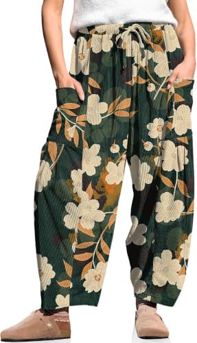 Women's Corduroy Barrel Pants Drawstring Wide Leg Pants with Pockets