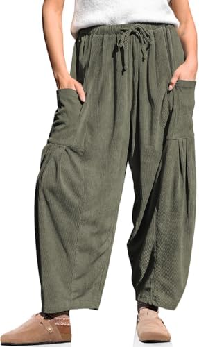 Women's Corduroy Barrel Pants Drawstring Wide Leg Pants with Pockets