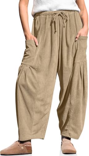 Women's Corduroy Barrel Pants Drawstring Wide Leg Pants with Pockets