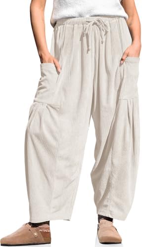 Women's Corduroy Barrel Pants Drawstring Wide Leg Pants with Pockets