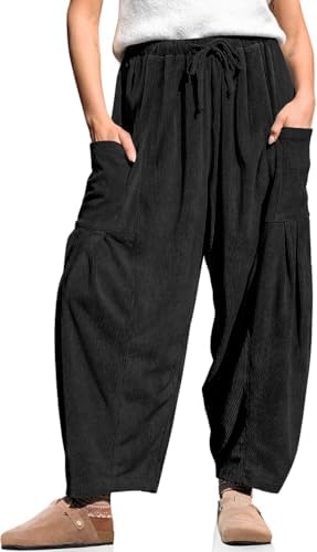 Women's Corduroy Barrel Pants Drawstring Wide Leg Pants with Pockets