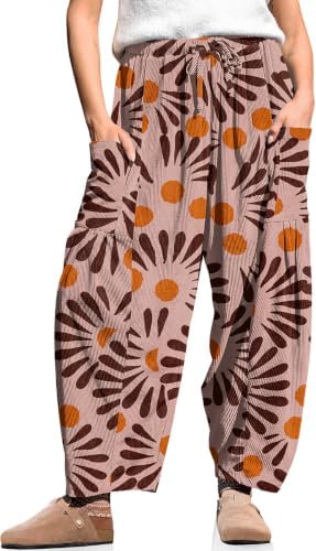 Women's Corduroy Barrel Pants Drawstring Wide Leg Pants with Pockets