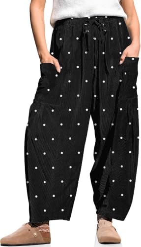 Women's Corduroy Barrel Pants Drawstring Wide Leg Pants with Pockets