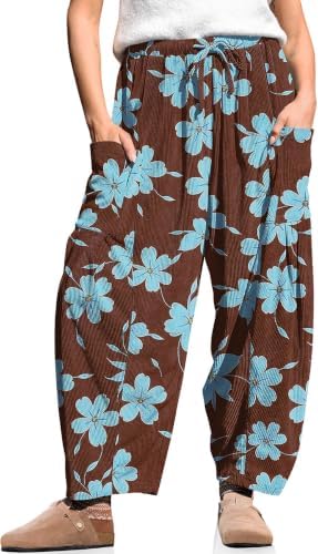Women's Corduroy Barrel Pants Drawstring Wide Leg Pants with Pockets