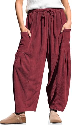 Women's Corduroy Barrel Pants Drawstring Wide Leg Pants with Pockets