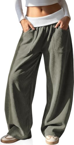 Womens Corduroy Barrel Pants Fall Fold Over Ribbed Elastic Waist