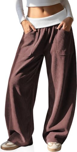 Womens Corduroy Barrel Pants Fall Fold Over Ribbed Elastic Waist