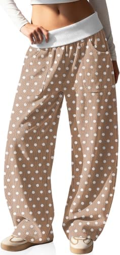 Womens Corduroy Barrel Pants Fall Fold Over Ribbed Elastic Waist