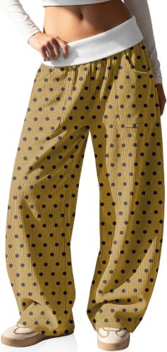 Womens Corduroy Barrel Pants Fall Fold Over Ribbed Elastic Waist