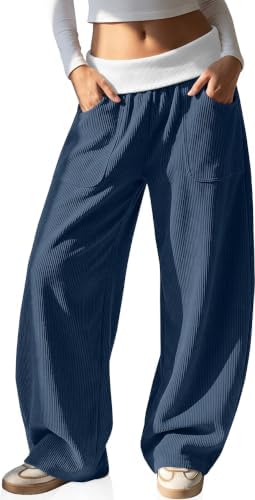 Womens Corduroy Barrel Pants Fall Fold Over Ribbed Elastic Waist Navy