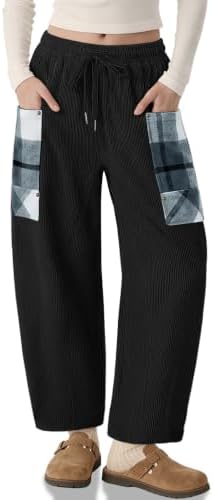 Womens Corduroy Barrel Pants Wide Leg Plaid Patchwork Baggy Trousers