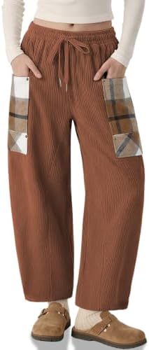 Womens Corduroy Barrel Pants Wide Leg Plaid Patchwork Baggy Trousers