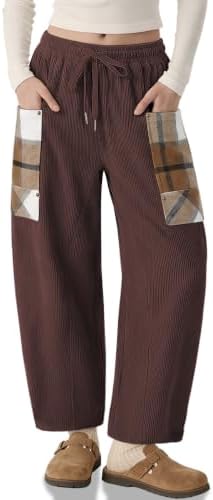 Womens Corduroy Barrel Pants Wide Leg Plaid Patchwork Baggy Trousers