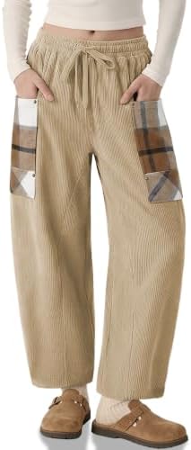 Womens Corduroy Barrel Pants Wide Leg Plaid Patchwork Baggy Trousers