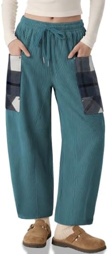 Womens Corduroy Barrel Pants Wide Leg Plaid Patchwork Baggy Trousers