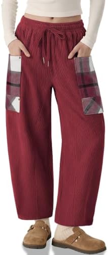 Womens Corduroy Barrel Pants Wide Leg Plaid Patchwork Baggy Trousers