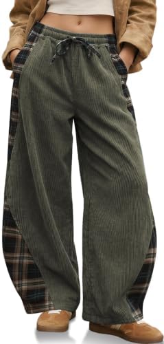 Womens Corduroy Barrel Pants with Pockets Y2K Plaid Patchwork Panels