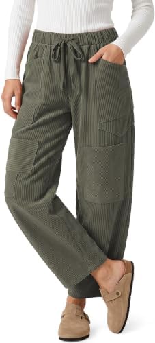 Women's Corduroy Barrel Pants with Pockets Y2K Patchwork Army Green