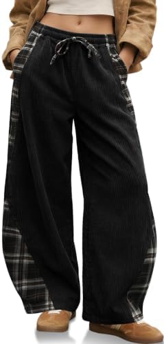 Womens Corduroy Barrel Pants with Pockets Y2K Plaid Patchwork Panels
