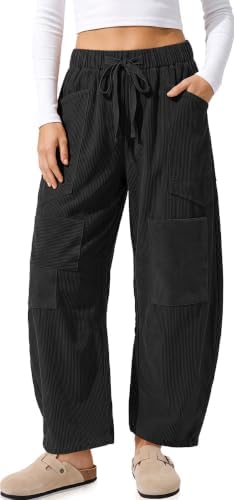 Women's Corduroy Barrel Pants with Pockets Y2K Patchwork Black